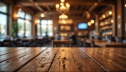 
Empty rustic wooden table in foreground, blurred bokeh restaurant background with warm soft lights, cozy dining atmosphere