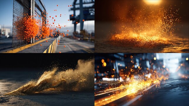 A digital art collage showcases four distinct scenes exploding orange particles near a fence; fiery embers glowing on dark ground; a golden sand explosion; and sparks trailing on a wet surface