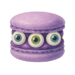 Watercolor illustration of a purple Halloween macaron filled with three eyeballs. Great for spooky dessert clipart, party graphics, stickers, and fun October-themed designs.