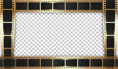 Golden filmstrip frame on transparent background. Movie film ribbon frame template design. Vector illustration