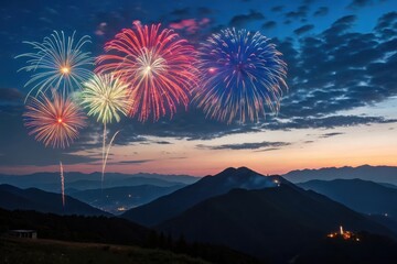 Spectacular fireworks display over mountain range at sunset