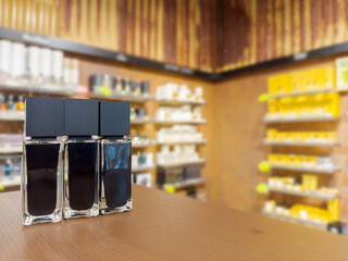 Man buying make up at cosmetics section in store. choosing cosmetics, perfumes, creams and shampoos, Using tester.