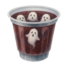 Watercolor Halloween jelly dessert in a plastic cup with floating cute ghosts. Perfect for spooky sweet clipart, party designs, packaging, and October-themed illustrations.