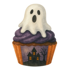 Watercolor illustration of a Halloween cupcake with ghost topping and spooky house wrapper. Perfect for party decor, clipart sets, invitations, and festive dessert designs.