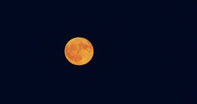 Leuchtender orangefarbener Vollmond am Nachthimmel, Erdbeermond, Bayern, Deutschland, Europa 