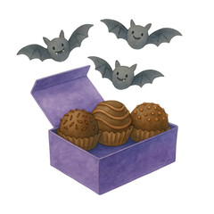 Watercolor illustration of a purple Halloween gift box with chocolate truffles and flying bats. Perfect for spooky cute clipart, festive packaging, and party treat designs.