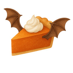 Adorable watercolor pumpkin pie slice topped with whipped cream and bat wings. Perfect for Halloween dessert clipart, party prints, packaging, and fun spooky-season designs.