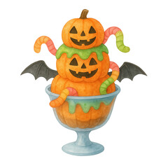 Watercolor illustration of a Halloween sundae made of pumpkin scoops, gummy worms, green slime, and bat wings. Perfect for spooky dessert clipart and festive October designs.
