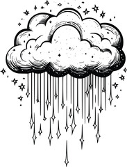 Hand-drawn cloud silhouette with star rain, editable vector illustration, whimsical design element