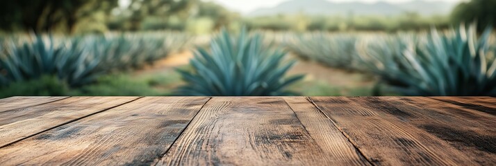 Close-Up of Rustic Empty Wooden Table with Blurred Mexican Agave Field Farm Background