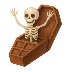 Watercolor illustration of a spooky-cute Halloween chocolate coffin with a smiling skeleton popping out. Great for seasonal clipart, party prints, packaging, and fun Halloween designs.