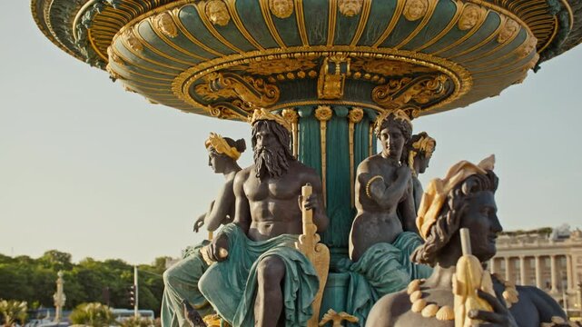 Fountains on Place de la Concorde in Paris with view of historical buildings and beautiful urban landscape in the heart of France tourist center in Europe