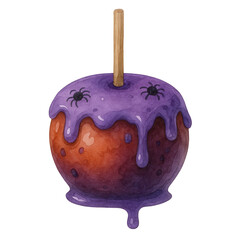 Watercolor illustration of a Halloween candy apple with glossy purple drip and little spiders. Great for spooky dessert clipart, party designs, Halloween packaging, and seasonal art prints.