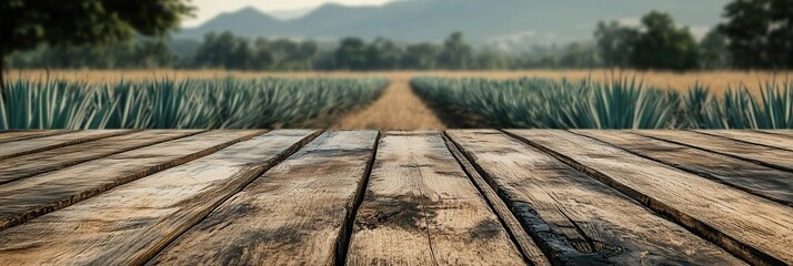 Close-Up of Rustic Empty Wooden Table with Blurred Mexican Agave Field Farm Background