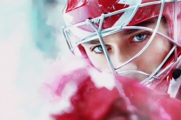 Close-up of an female ice hockey player in a red helmet and facemask