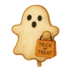 Adorable watercolor ghost-shaped lollipop holding a “Trick or Treat” bag. Perfect for Halloween clipart, party prints, packaging, and festive spooky sweet-themed illustrations.