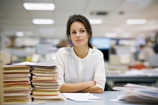 A woman in a white blouse sits at a cluttered desk, gazing thoughtfully, surrounded by stacks of paperwork - Powered by Adobe