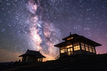 Mountain cabins under a starry milky way galaxy