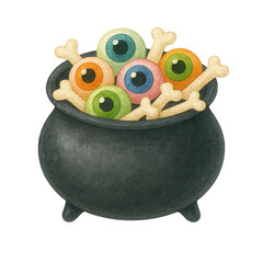 Watercolor illustration of a black cauldron filled with colorful eyeball candies and bone treats. Perfect for Halloween clipart, spooky party prints, packaging, and festive designs.