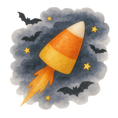 Watercolor illustration of a candy corn shaped rocket soaring through a Halloween sky filled with stars and bats. Fun and spooky clipart for festive designs and seasonal decor.
