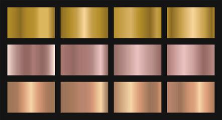 Vector set of gold gradient swatches. Gold metallic, rose gold,rose gold,bronze gradient template. gradient illustrations for backgrounds