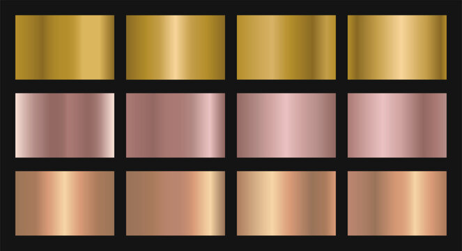 Vector set of gold gradient swatches. Gold metallic, rose gold,rose gold,bronze gradient template. gradient illustrations for backgrounds