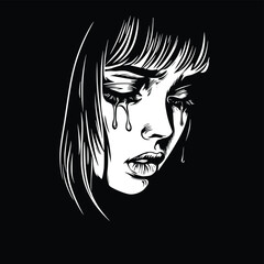 Silhouette of a weeping woman, editable vector art, dark mood, monochrome illustration, expressive face, dramatic tears, bob haircut, graphic design,