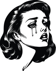 Silhouette of a weeping woman, vintage style, editable vector illustration