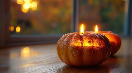 Warm autumnal glow: Pumpkin candles adorning a windowsill at twilight time