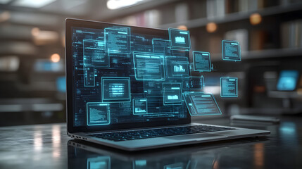 Laptop with digital files emerging from the screen, symbolizing efficient digital archiving, data storage, and seamless information management 44738323 3