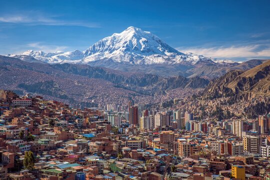 Bolivia La Paz. Aerial View of La Paz City Landscape with Illimani Mountain in Background
