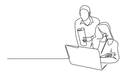 An image of a continuous line of a man and woman in business suits having a meeting and discussing work in front of a laptop. A cohesive work team. Vector illustration.