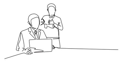 An image shows a continuous line of two men in suits having a meeting and discussing work in front of a laptop. A cohesive work team. Vector illustration.