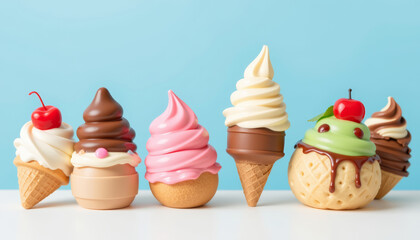 Soft serve ice cream cone and cup collection with cherry and chocolate topping in pastel colors on blue background