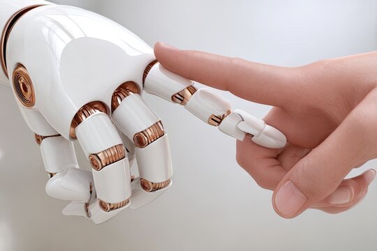 A close-up of a robotic hand and a human hand nearly touching.  The robotic hand is white with copper accents, showcasing intricate mechanical parts