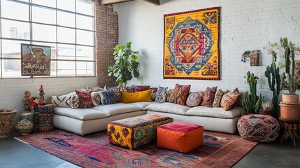 A vibrant, eclectic living room featuring a large sectional sofa, colorful throw pillows, patterned rugs, and diverse artwork.  The space is filled with plants and globally-inspired decor