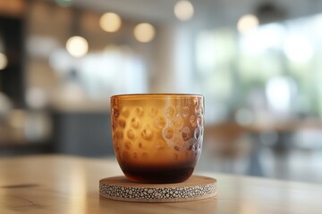 Amber-colored glass cup on a coaster.