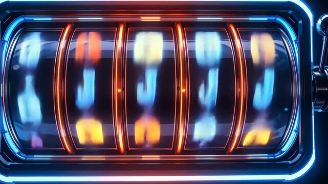 Close-up of spinning slot machine with bright lights and vivid colors, blurred motion showing excitement and chance