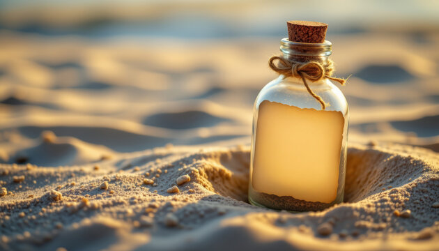 Message in bottle on sandy beach with warm sunlight and blurred background creating peaceful and nostalgic mood