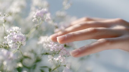 Fototapeta premium Delicate hand gently touching soft flowers in a serene moment of everyday joy