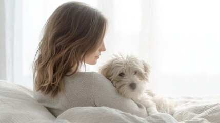 Woman cuddling small dog on cozy bed, embracing simple happiness and gratitude for life