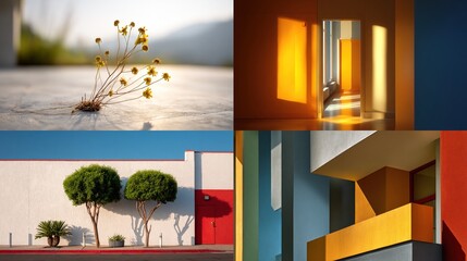 A four-panel image showcasing diverse architectural and natural elements under vibrant sunlight; featuring close-up flora, minimalist building exteriors, and striking geometric shadow play