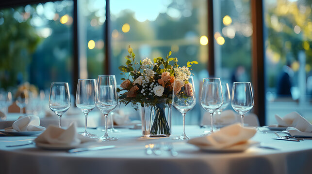 Elegant corporate event venue showcasing sophisticated table settings and warm ambient lighting, emphasizing a professional and upscale business atmosphere  44192137 1