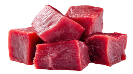 Raw Beef Cubes Stacked on White. Fresh Meat Ingredient.