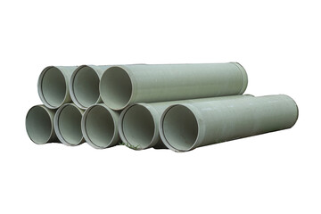 Stack of large drainage or sewer pipes is isolated.