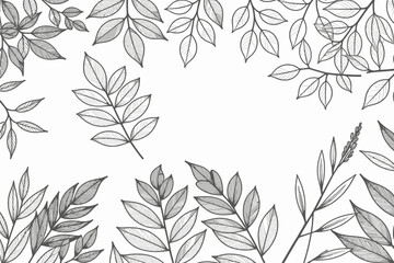 Black and White Leaf Illustration-Botanical Drawing with Leaves and Branches-Elegant Foliage Design-Nature Inspired Artwork-Minimalist Plant Sketch-Floral Border Image