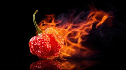 Hot Red Carolina Reaper Pepper with Flames on Black Background