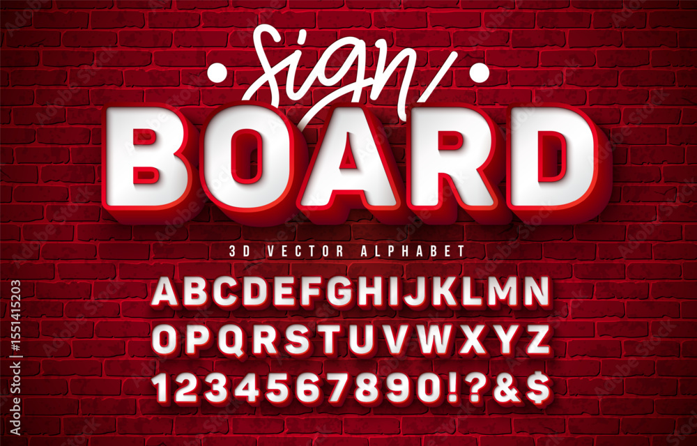 Poster vector 3d alphabet signboard font set with frame box and shadow on red vintage brick wall background