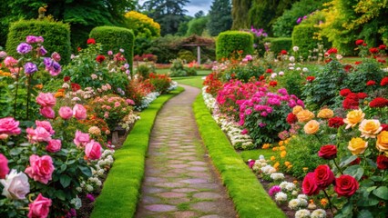 Obraz premium Colorful flowers and lush greenery in a beautifully maintained rose garden with walking paths and a serene atmosphere