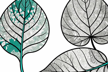Botanical Leaf Illustration- Nature Inspired Artwork- Detailed Leaf Veins Design- Teal and Gray Color Palette- Modern Leaf Art- Plant Life Decor